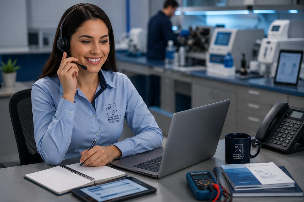 Atendimento técnico da M/A — profissional com headset em ambiente de metrologia