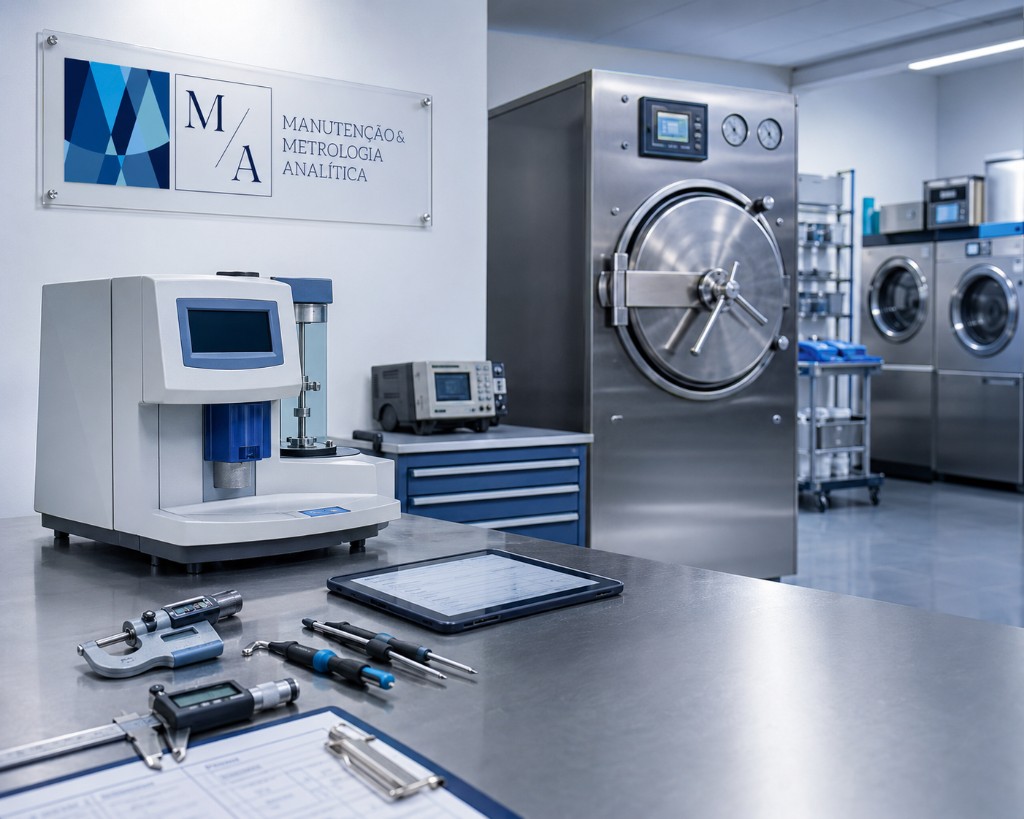 Ambiente técnico da MA com instrumentos de precisão, equipamentos de metrologia e autoclave industrial